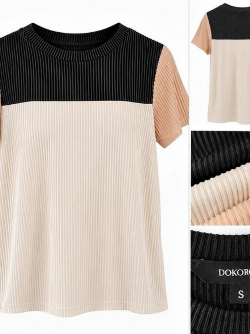 DOKOROO Color Block Pleated Short Sleeve Top in Black & Cream Size Small